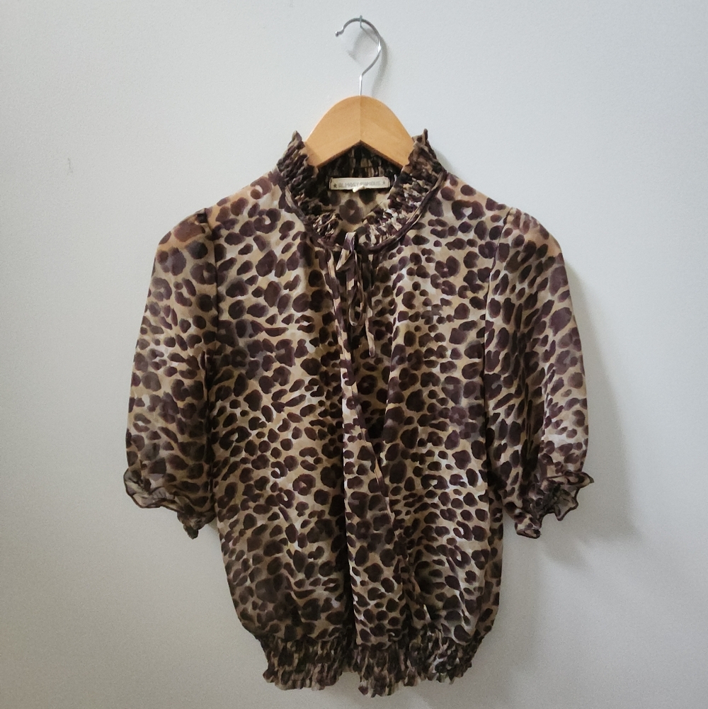 Almost Famous Leopard Sheer Tie Neck Blouse M Faux Wrap Ruffle Hem Top